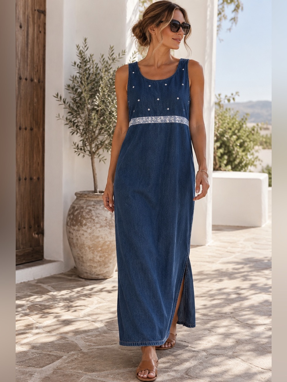 Jane Ashley Blue Maxi Dress with White Accents Size: L